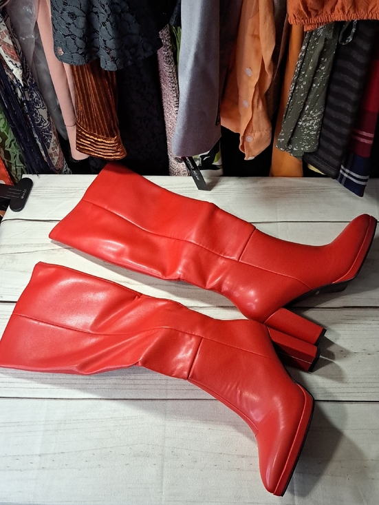 Shoes - Red Knee-High Block Heel Boots - Women